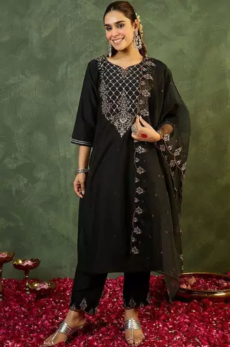 Women Ethnic Motifs Embroidered Regular Thread Work Liva Kurta with Trousers & With Dupatta