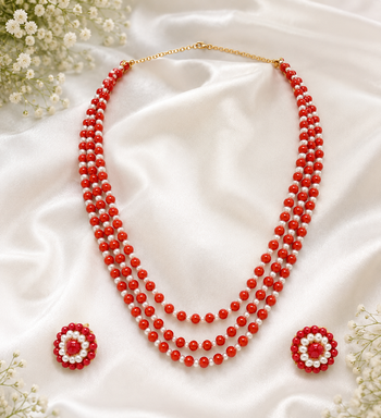 Red coral bead & pearl 3-layer necklace set with stud earrings 1