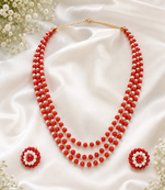 Red coral bead & pearl 3-layer necklace set with stud earrings