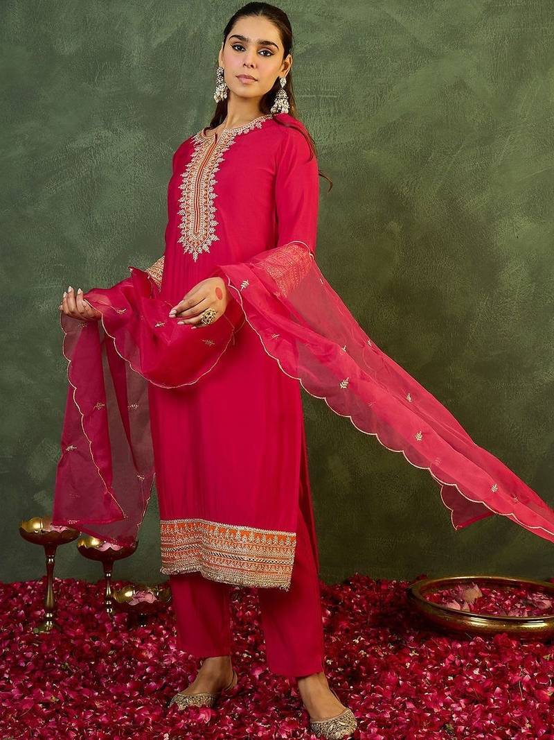 Women Ethnic Motifs Embroidered Regular Kurta with Trousers & With Dupatta