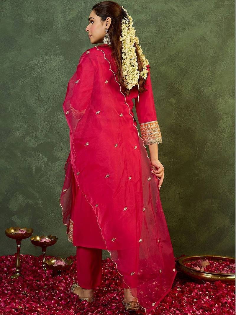 Women Ethnic Motifs Embroidered Regular Kurta with Trousers & With Dupatta