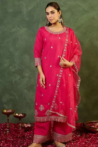 Women Ethnic Motifs Embroidered Regular Thread Work Kurta with Trousers & With Dupatta