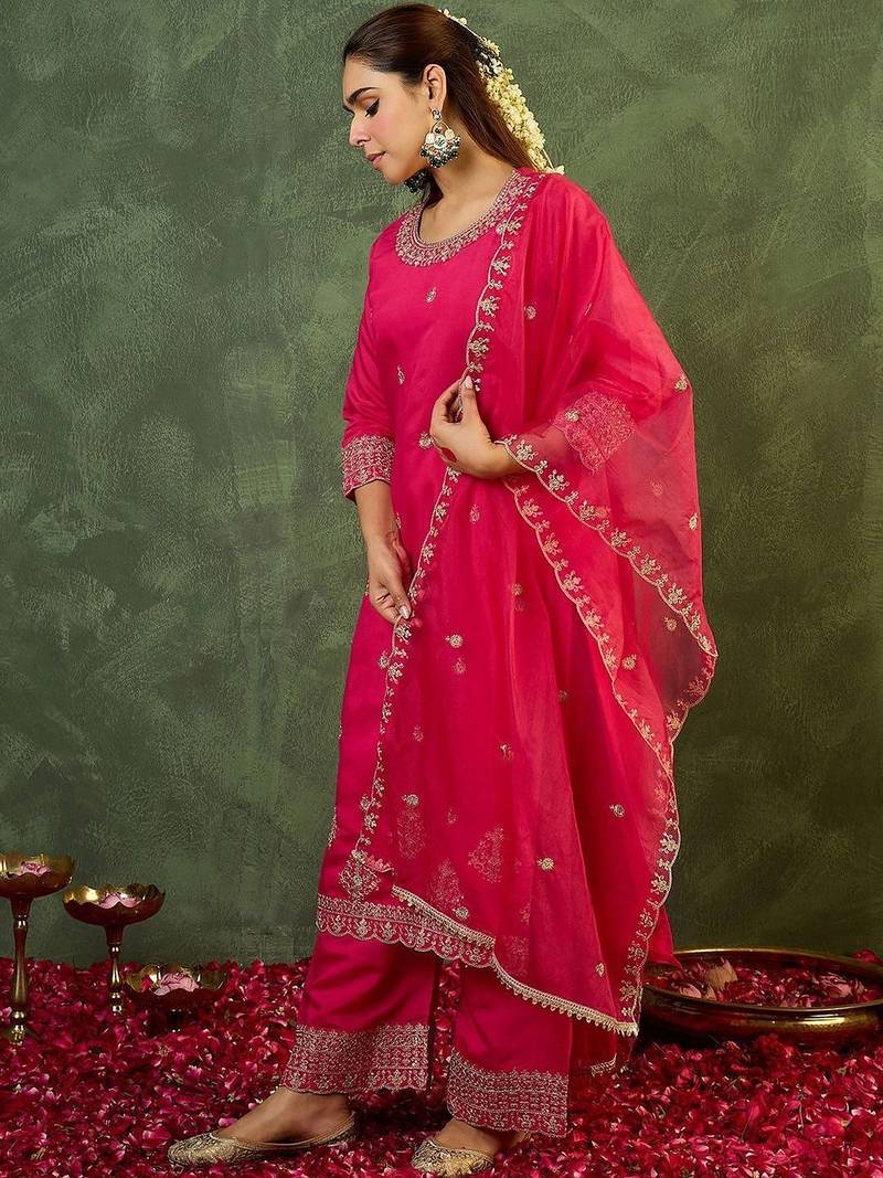 Women Ethnic Motifs Embroidered Regular Thread Work Kurta with Trousers & With Dupatta