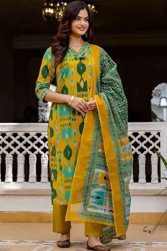 Women Ethnic Motifs Printed Regular Pure Cotton Kurta with Trousers & With Dupatta