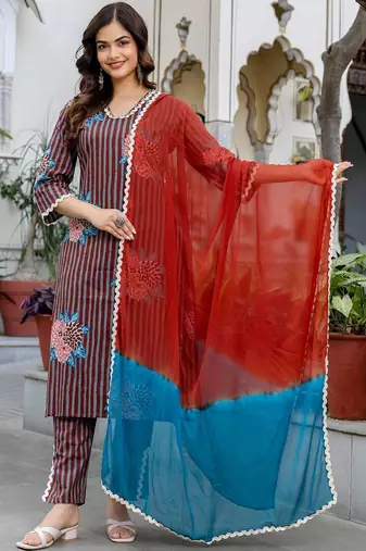 Women Printed Regular Beads and Stones Pure Cotton Kurta with Trousers & With Dupatta