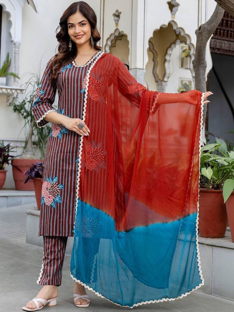 Women Printed Regular Beads and Stones Pure Cotton Kurta with Trousers & With Dupatta