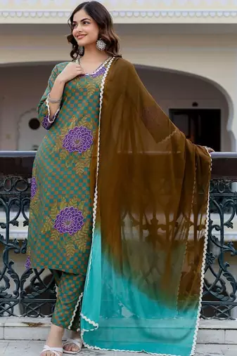 Women Printed Regular Pure Cotton Kurta with Trousers & With Dupatta