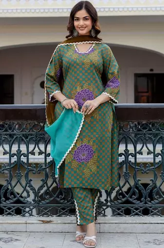 Women Printed Regular Pure Cotton Kurta with Trousers & With Dupatta