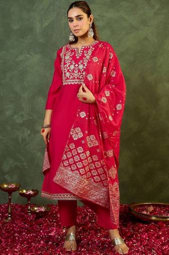 Women Ethnic Motifs Embroidered Regular Kurta with Trousers & With Dupatta