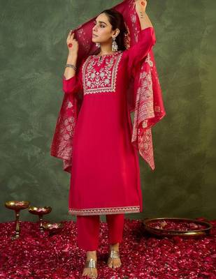 Women Ethnic Motifs Embroidered Regular Kurta with Trousers & With Dupatta 5
