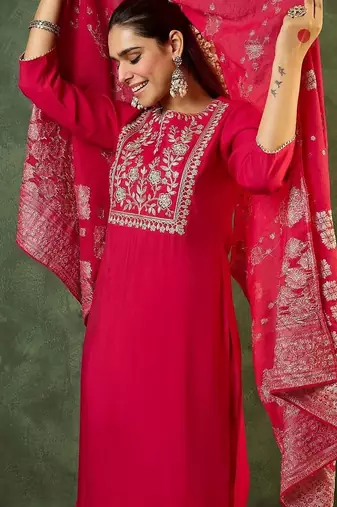 Women Ethnic Motifs Embroidered Regular Kurta with Trousers & With Dupatta