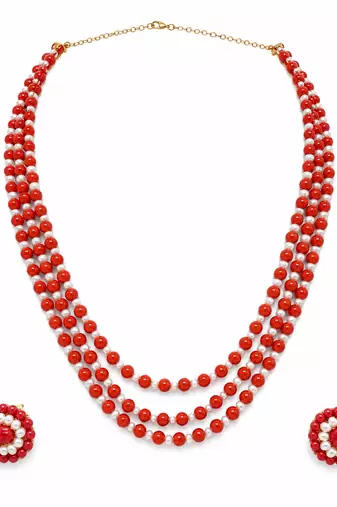 Red coral bead & pearl 3-layer necklace set with stud earrings