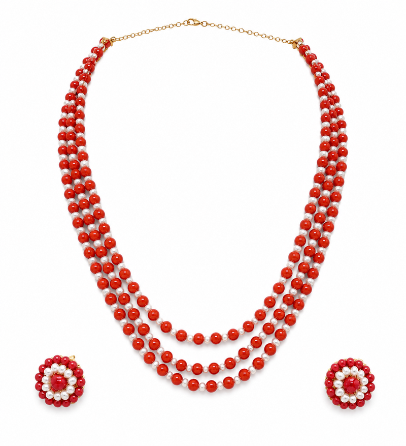 Red coral bead & pearl 3-layer necklace set with stud earrings