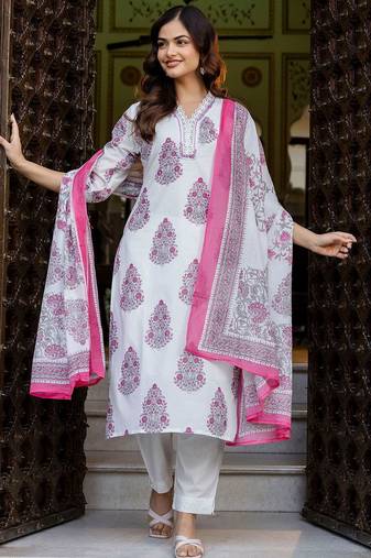 Women Ethnic Motifs Printed Regular  Cotton Kurta with Trousers & With Dupatta