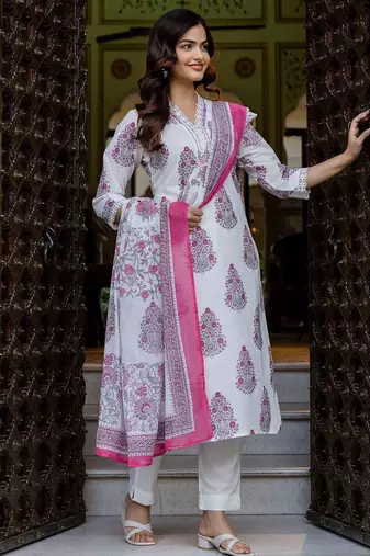 Women Ethnic Motifs Printed Regular Pure Cotton Kurta with Trousers & With Dupatta