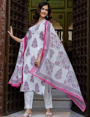 Women Ethnic Motifs Printed Regular Pure Cotton Kurta with Trousers & With Dupatta 4