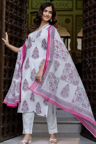 Women Ethnic Motifs Printed Regular Pure Cotton Kurta with Trousers & With Dupatta