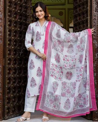 Women Ethnic Motifs Printed Regular Pure Cotton Kurta with Trousers & With Dupatta 6
