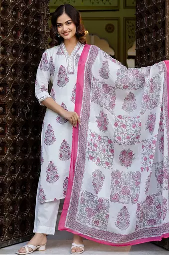 Women Ethnic Motifs Printed Regular Pure Cotton Kurta with Trousers & With Dupatta