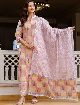 Women Ethnic Motifs Printed Regular Pure Cotton Kurta with Trousers & With Dupatta 1