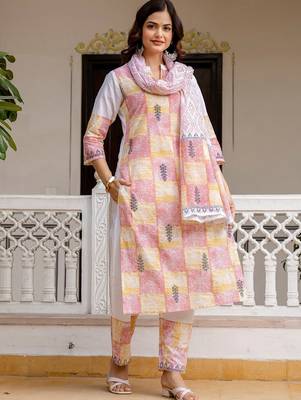 Women Ethnic Motifs Printed Regular Pure Cotton Kurta with Trousers & With Dupatta 3