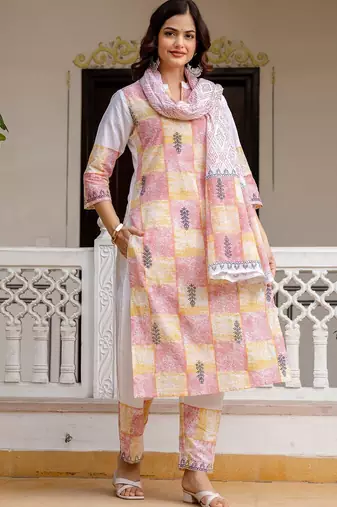 Women Ethnic Motifs Printed Regular Pure Cotton Kurta with Trousers & With Dupatta