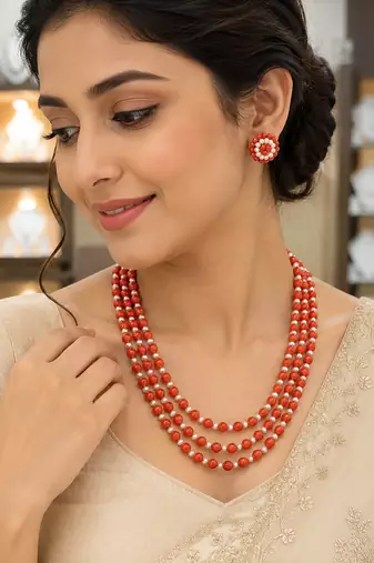 Red coral bead & pearl 3-layer necklace set with stud earrings