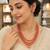 Red coral bead & pearl 3-layer necklace set with stud earrings