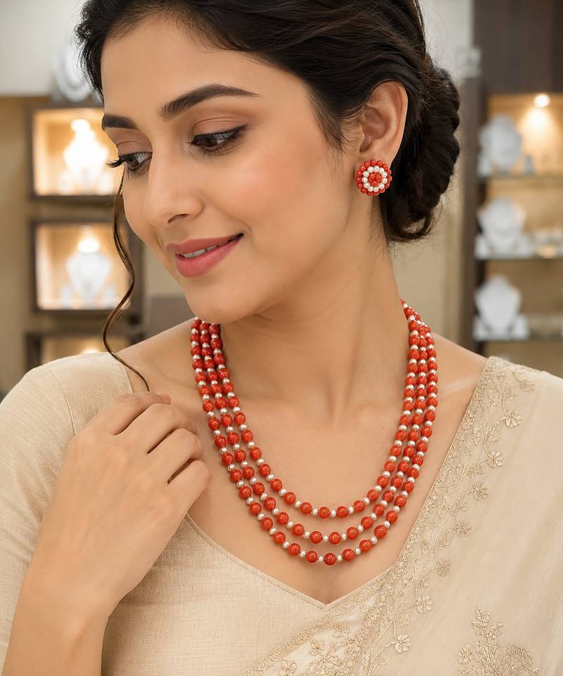Red coral bead & pearl 3-layer necklace set with stud earrings
