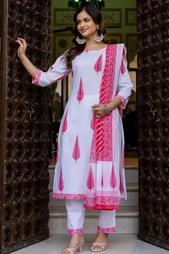 Women Ethnic Motifs Printed Regular Pure Cotton Kurta with Trousers & With Dupatta