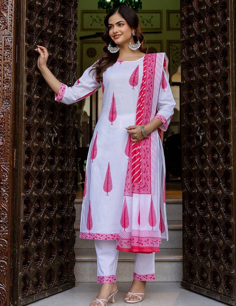 Women Ethnic Motifs Printed Regular Pure Cotton Kurta with Trousers & With Dupatta