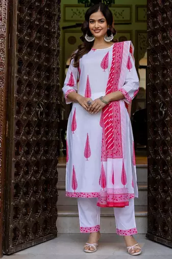 Women Ethnic Motifs Printed Regular Pure Cotton Kurta with Trousers & With Dupatta