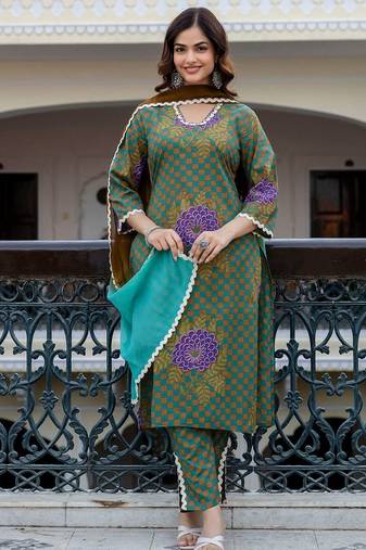Women Printed Regular Pure Cotton Kurta with Trousers & With Dupatta