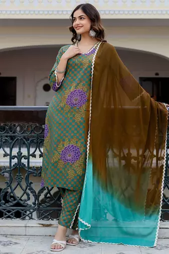Women Printed Regular Pure Cotton Kurta with Trousers & With Dupatta