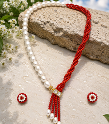 Pearl and red coral bead necklace and earrings jewellery set