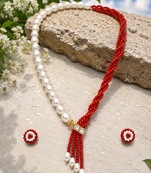 Pearl and red coral bead necklace and earrings jewellery set