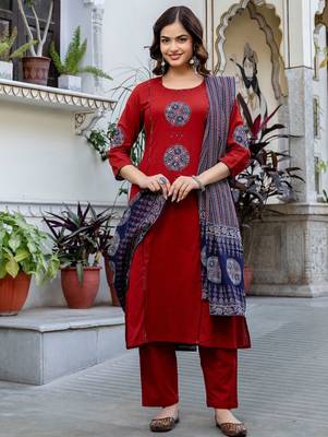 Women Ethnic Motifs Embroidered Regular Thread Work Pure Cotton Kurta with Trousers & With Dupatta 1