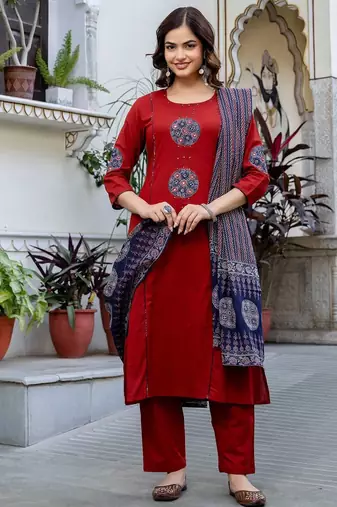 Women Ethnic Motifs Embroidered Regular Thread Work Pure Cotton Kurta with Trousers & With Dupatta