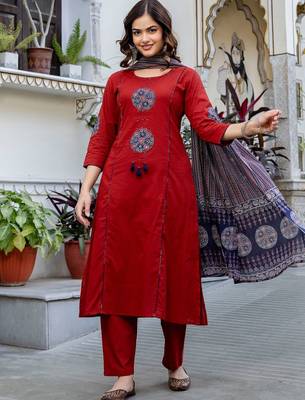 Women Ethnic Motifs Embroidered Regular Thread Work Pure Cotton Kurta with Trousers & With Dupatta 5