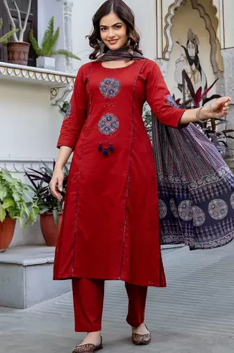 Women Ethnic Motifs Embroidered Regular Thread Work Pure Cotton Kurta with Trousers & With Dupatta