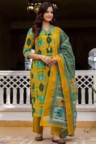 Women Ethnic Motifs Printed Regular Pure Cotton Kurta with Trousers & With Dupatta