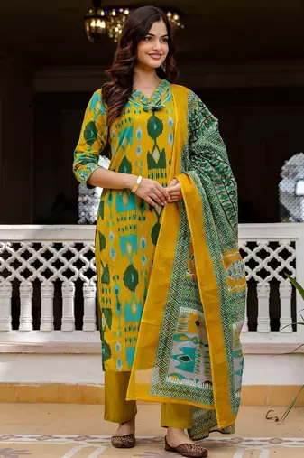 Women Ethnic Motifs Printed Regular Pure Cotton Kurta with Trousers & With Dupatta