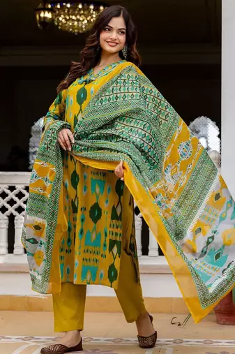Women Ethnic Motifs Printed Regular Pure Cotton Kurta with Trousers & With Dupatta