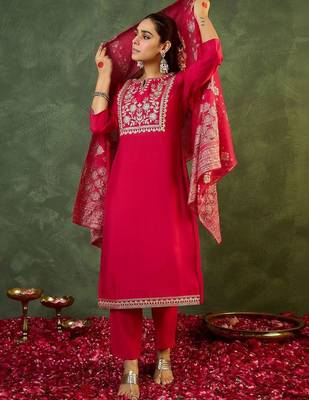 Women Ethnic Motifs Embroidered Regular Thread Work Kurta with Trousers & With Dupatta 1