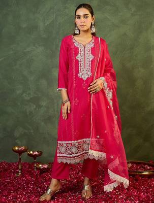 Women Ethnic Motifs Embroidered Regular Thread Work Kurta with Trousers & With Dupatta 1