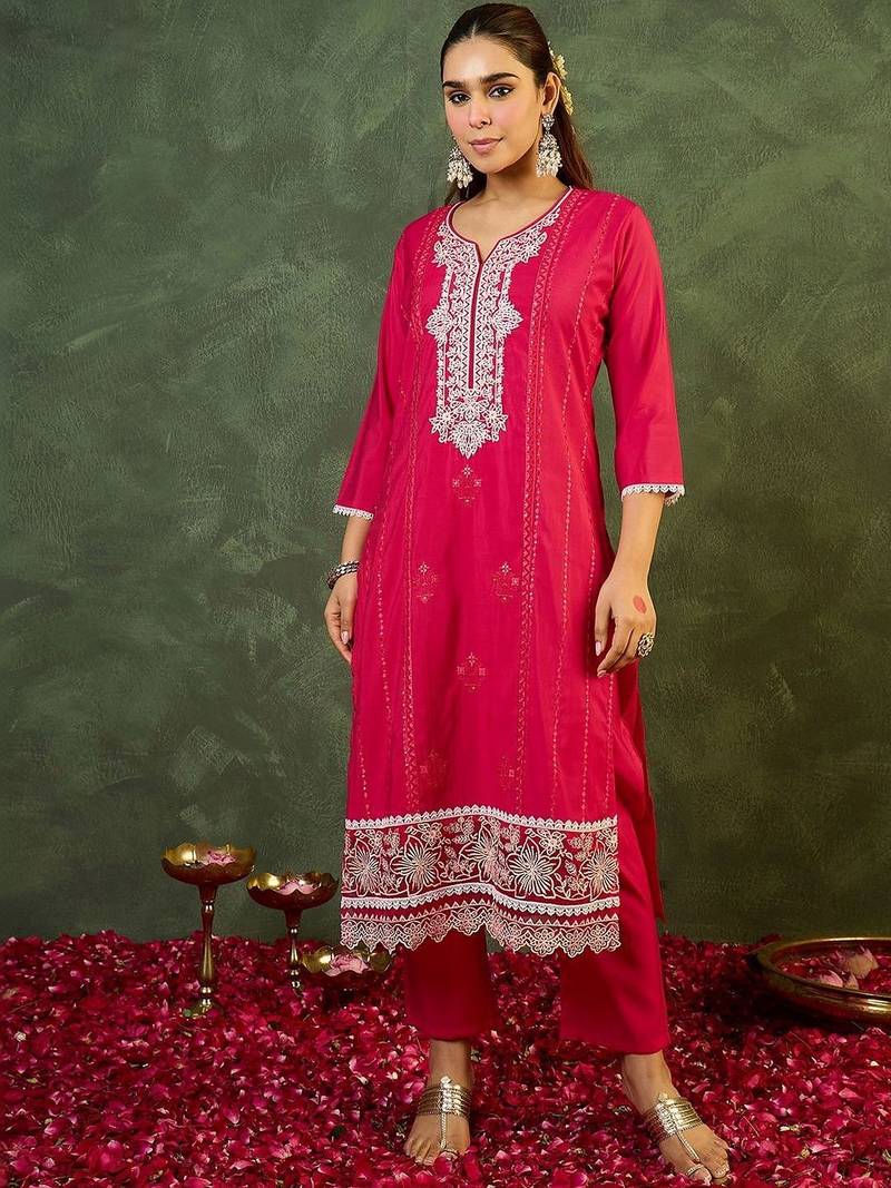 Women Ethnic Motifs Embroidered Regular Thread Work Kurta with Trousers & With Dupatta