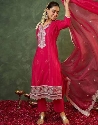 Women Ethnic Motifs Embroidered Regular Thread Work Kurta with Trousers & With Dupatta 4