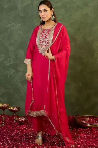 Women Ethnic Motifs Regular Kurta with Trousers & With Dupatta