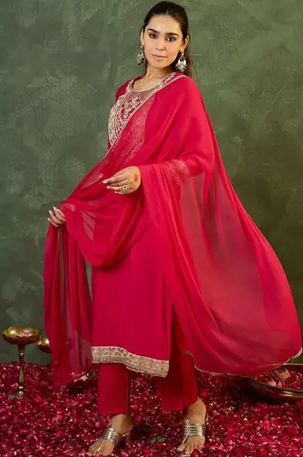 Women Ethnic Motifs Regular Kurta with Trousers & With Dupatta