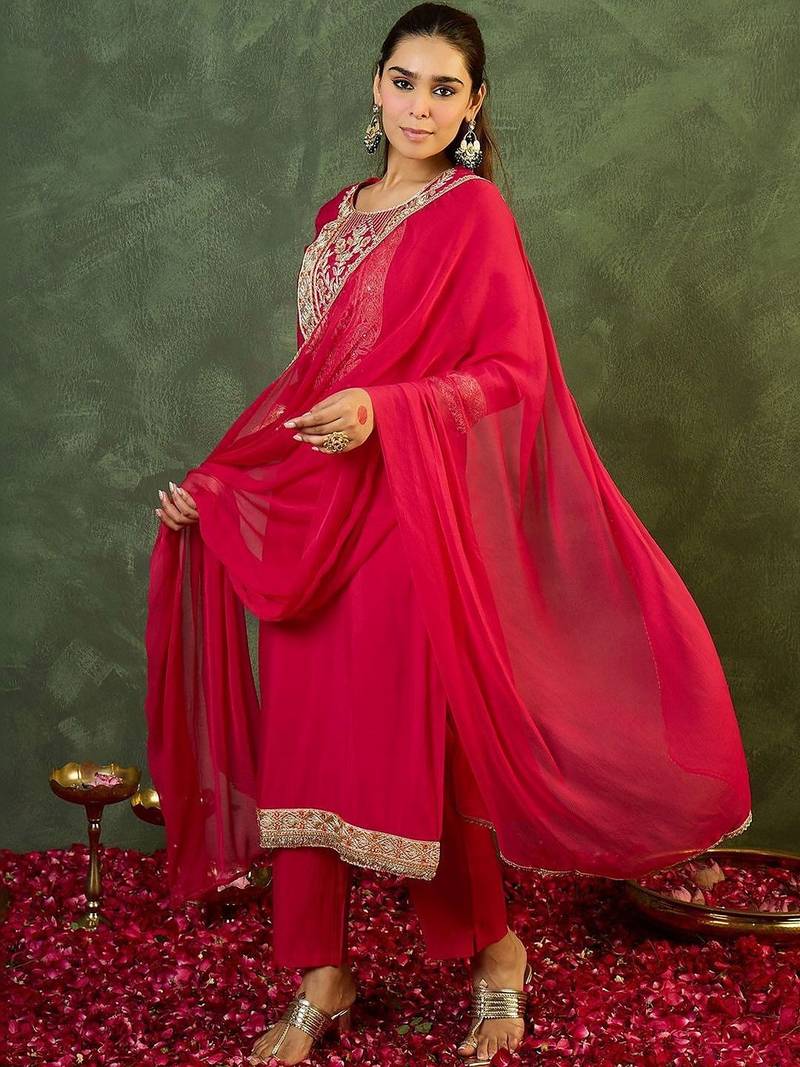 Women Ethnic Motifs Regular Kurta with Trousers & With Dupatta